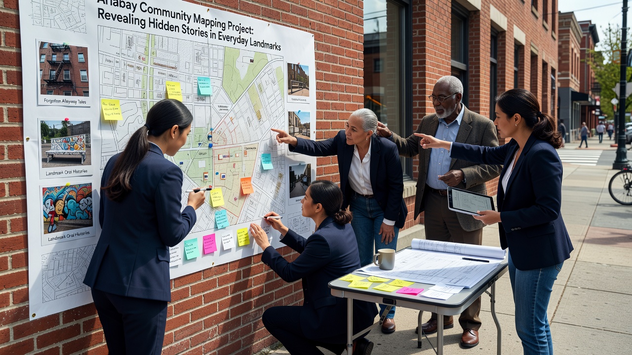 Residents reviewing printed maps and sharing stories during a community workshop in Ariabay