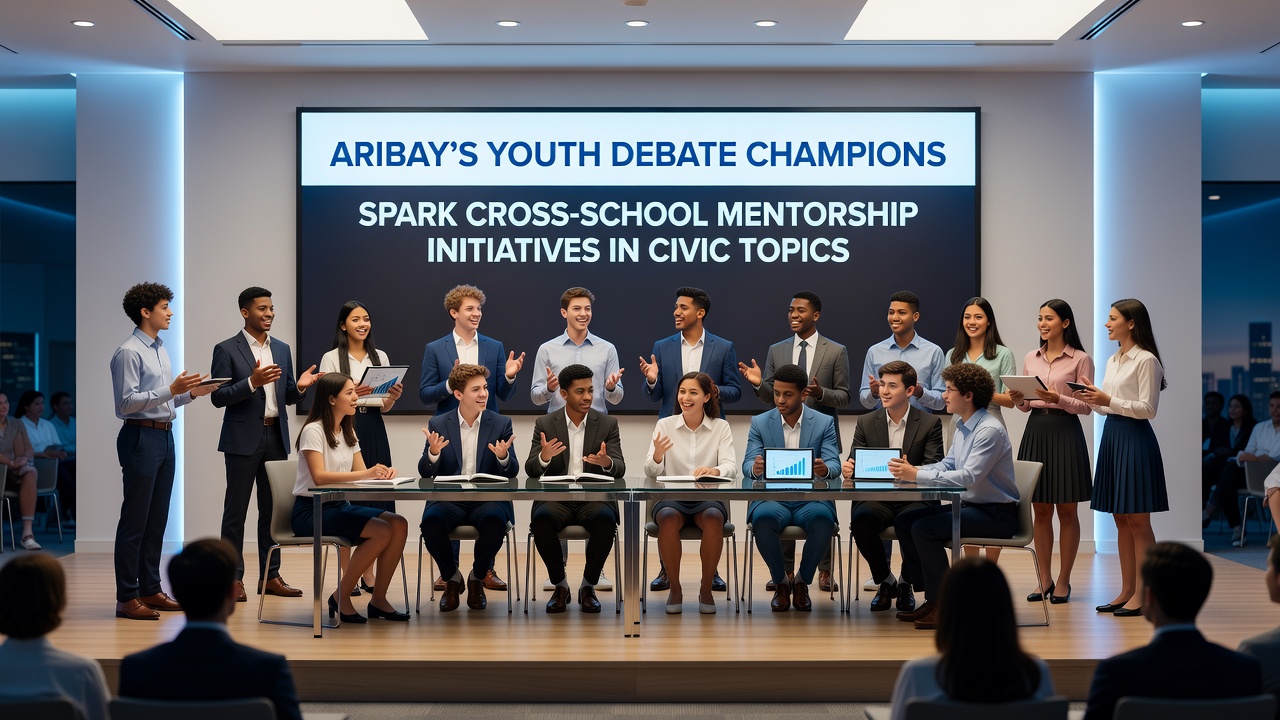 Students from multiple Ariabay schools collaborating in small groups during a cross-school mentorship workshop on civic topics