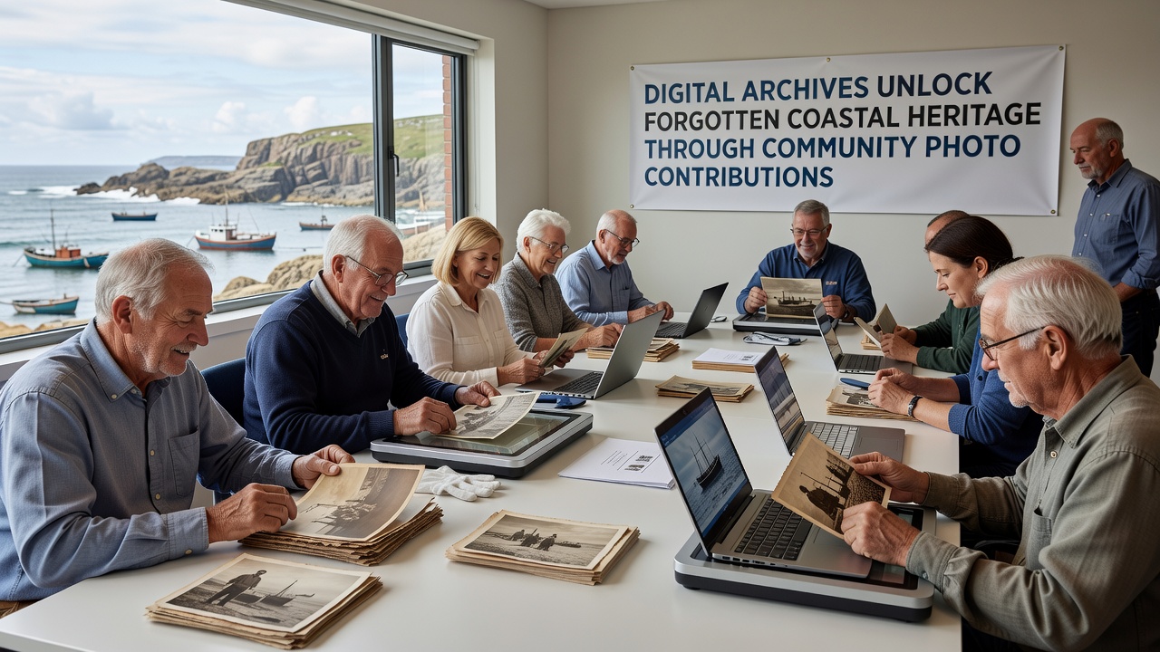 Digital archive interface displaying tagged coastal heritage photographs from community contributors